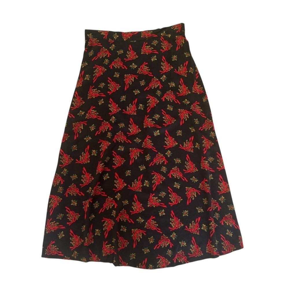 Vintage Holiday Bow & Holly Print Midi Skirt Sz Large Black Red Festive A-Line - Picture 2 of 10